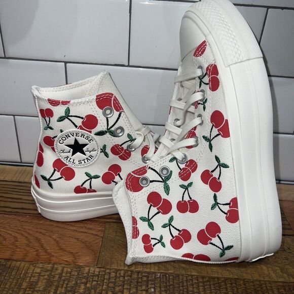 Converse Womens Chuck Taylor All Star Lift White Cherry Platform Sneakers Sz 7.5 - Picture 2 of 8